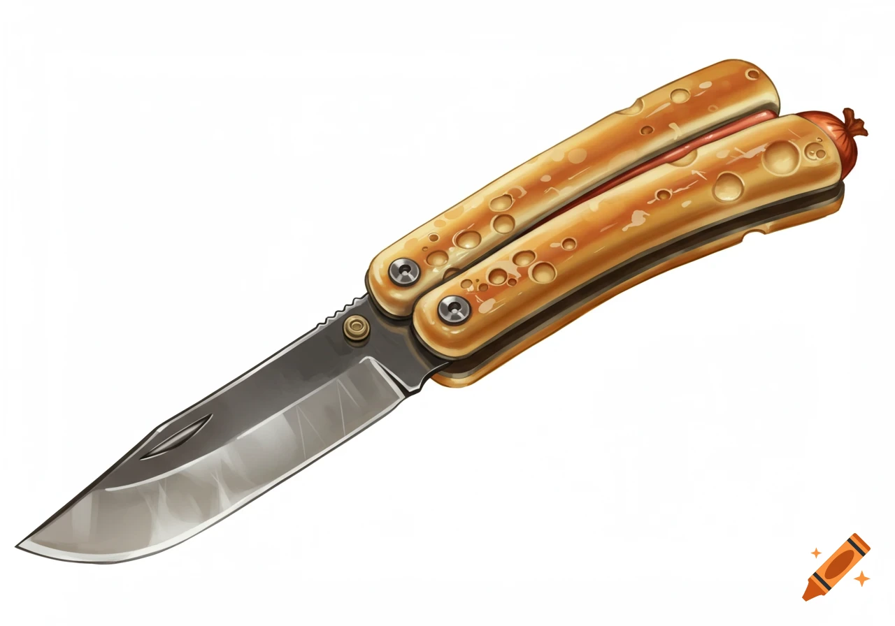 A butterfly knife with a hotdog blade and cheese stick handles, illustrated on a white background.