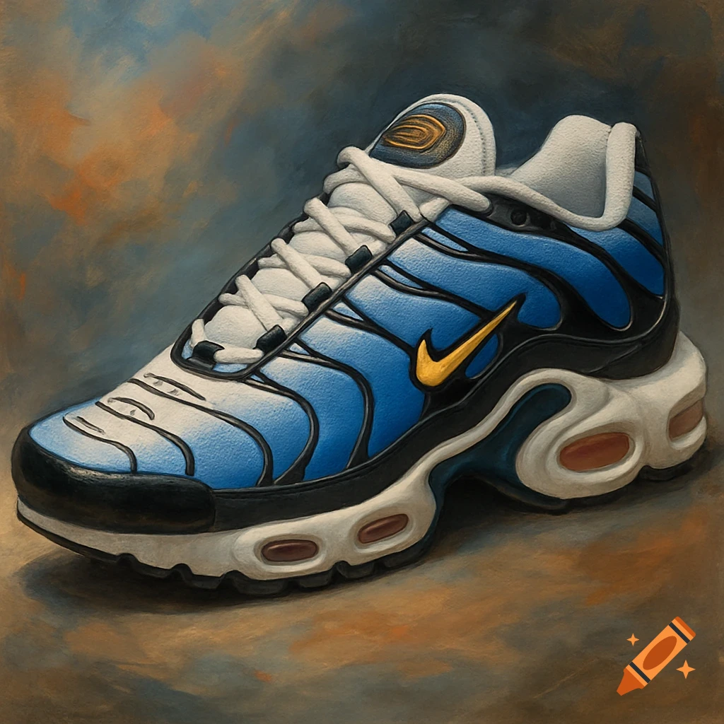 Painterly depiction of a blue and white Nike Air Max Plus sneaker with a gold swoosh.