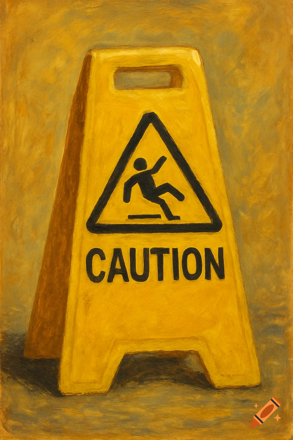 A yellow caution sign with a slipping person symbol and the word CAUTION, depicted in a textured painting style.