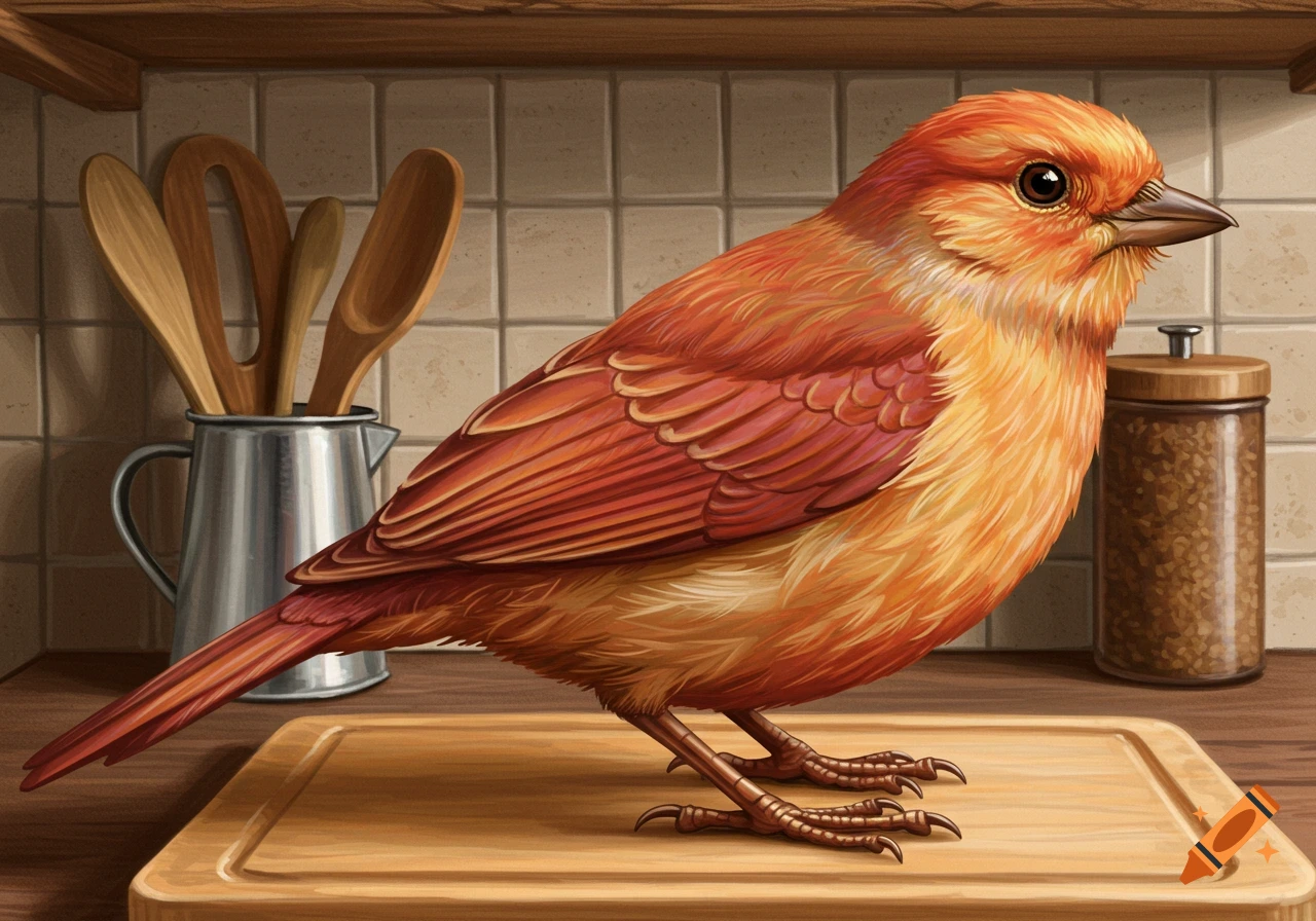 An orange and red bird stands on a wooden cutting board in a kitchen, rendered in a detailed illustration style.