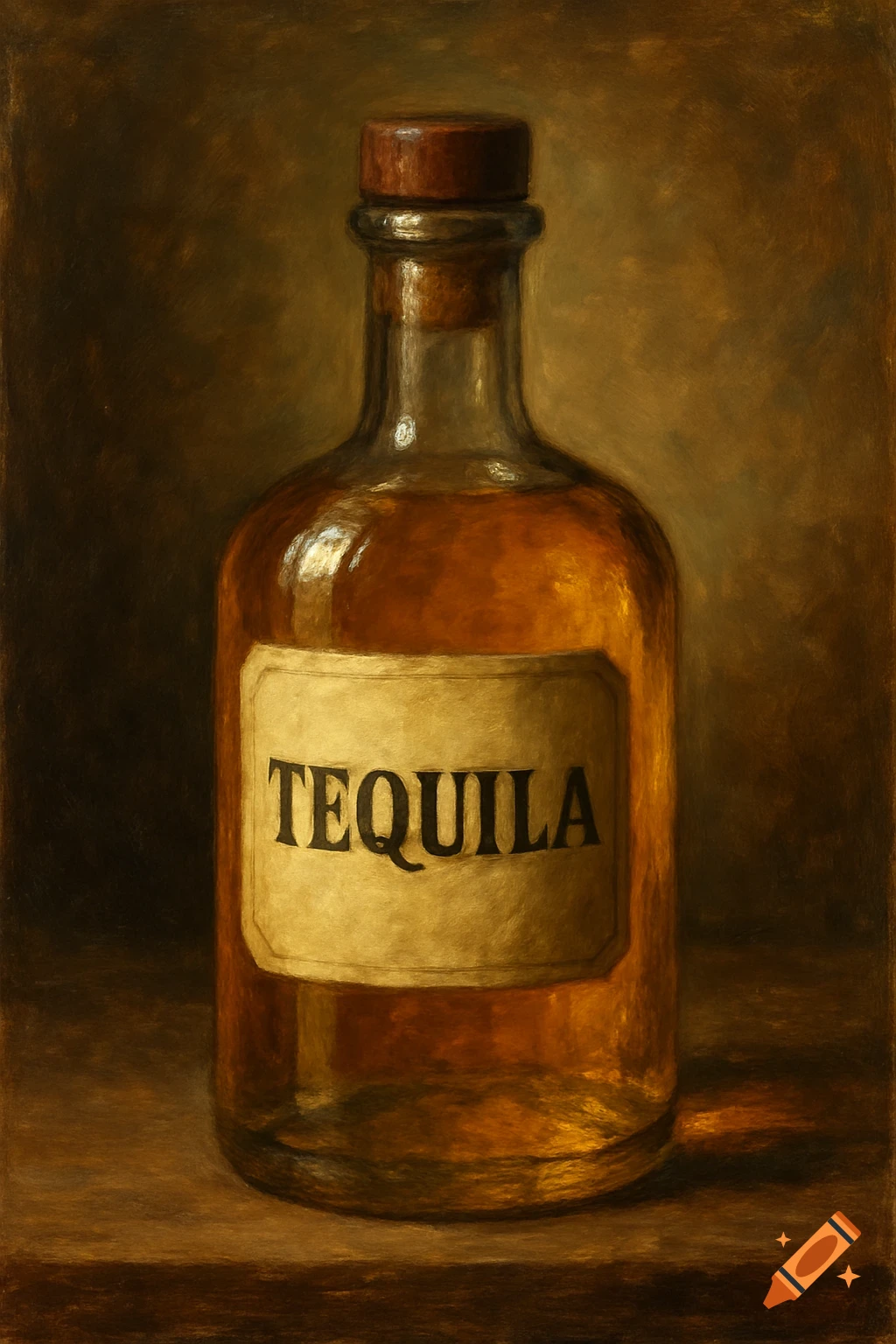 A still life painting of a clear glass bottle of tequila with a cork stopper, featuring 'TEQUILA' on its label, against a dark, textured background.