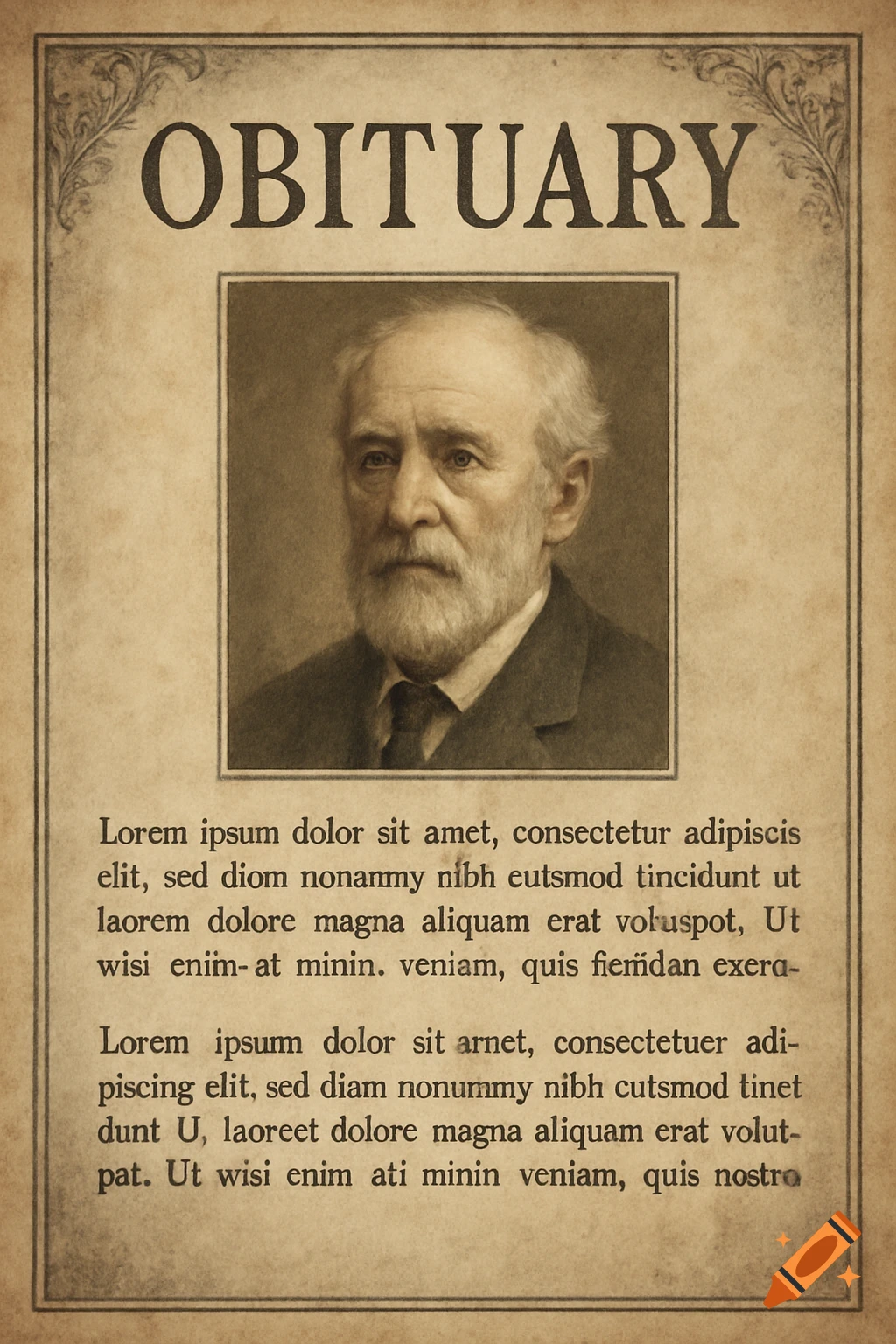 Vintage obituary document with a sepia-toned portrait of an elderly man and ornate borders.