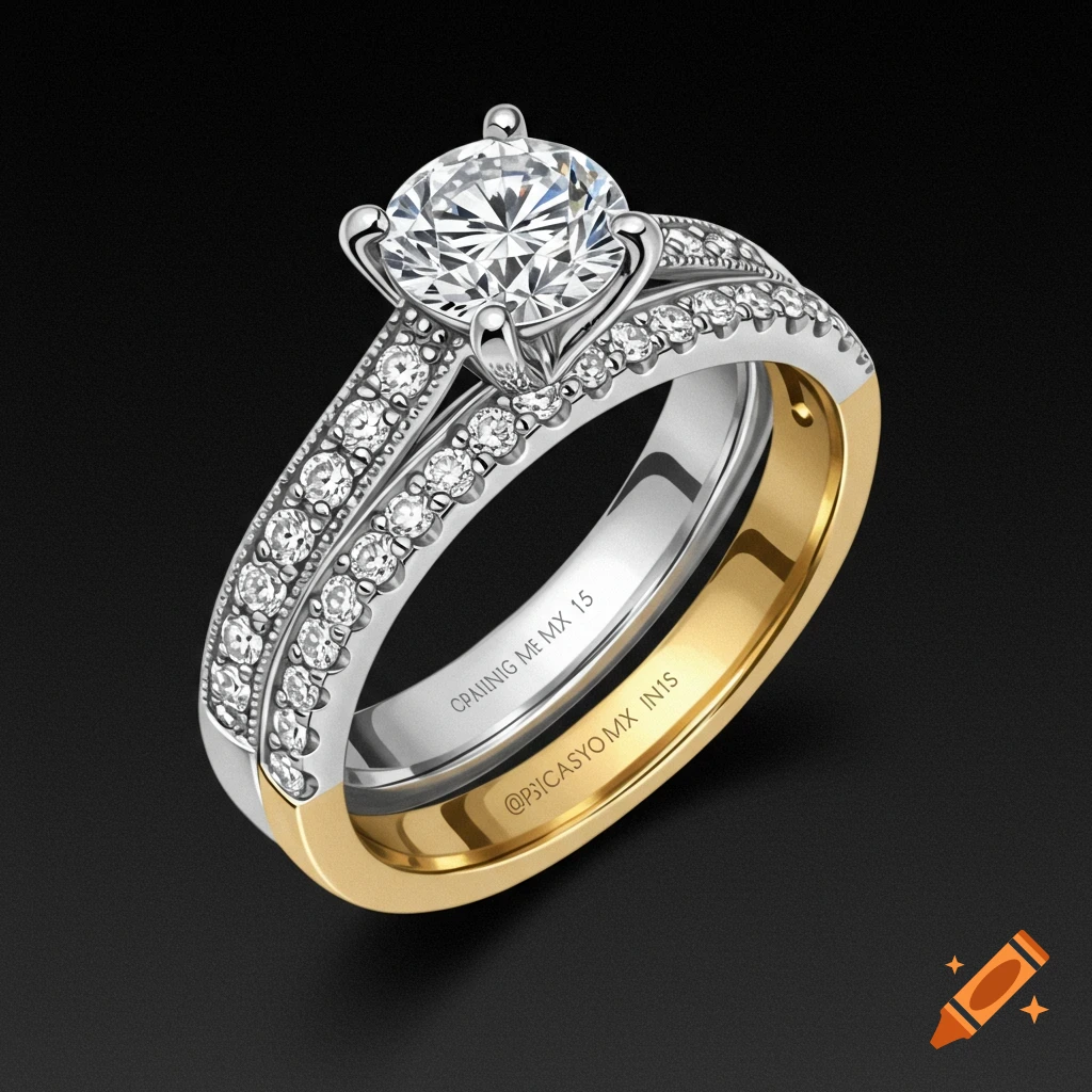 Close-up of a two-tone engagement and wedding ring set with a large round diamond and pave diamonds, on a black background.
