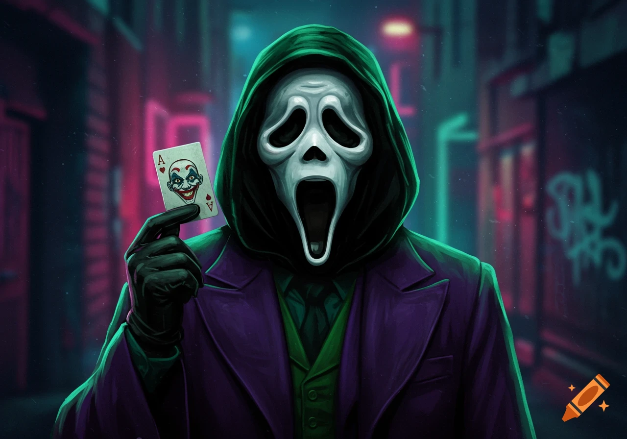 Stylized digital art of Ghostface in a Joker suit holding an Ace of Hearts card with a Joker's face, against a neon city background.
