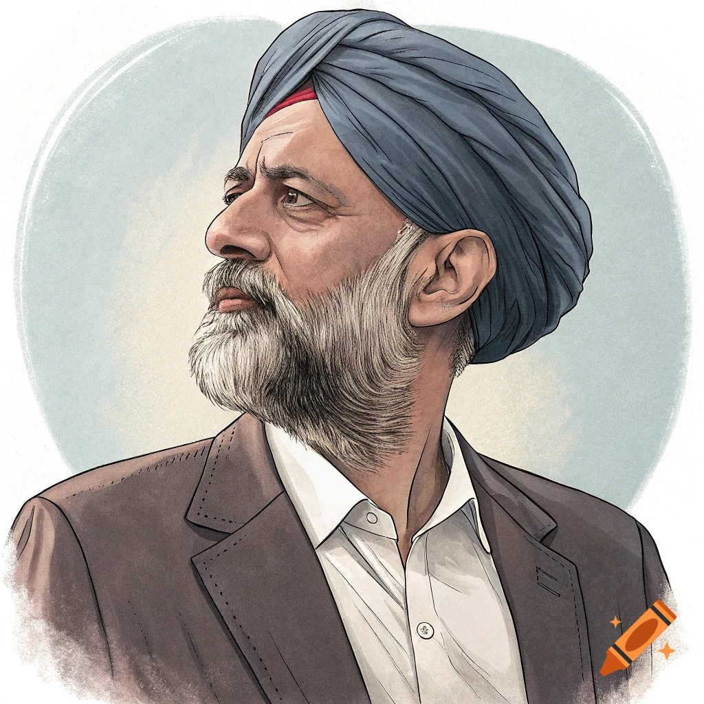Illustration of an older man with a gray beard and blue turban, wearing a brown suit jacket and white shirt, looking left.