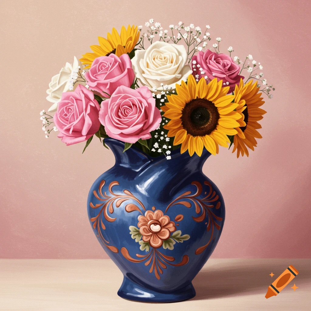 A vibrant bouquet of pink and white roses, yellow sunflowers, and baby's breath in an ornate blue vase against a pink background.
