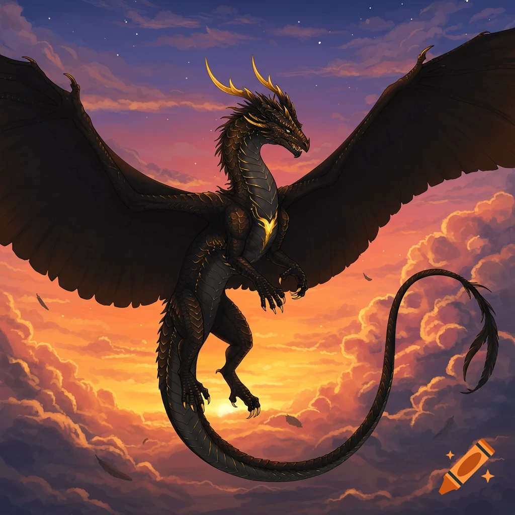A majestic black dragon with golden highlights flies through a vibrant orange and purple sunset sky.