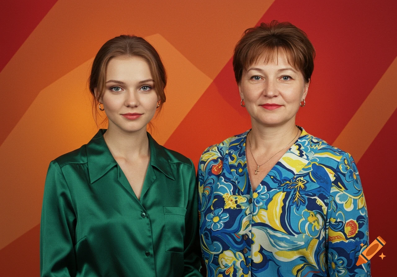A young woman in a green silk blouse and a middle-aged woman in a blue and yellow patterned blouse pose in a studio with an orange and red striped background.