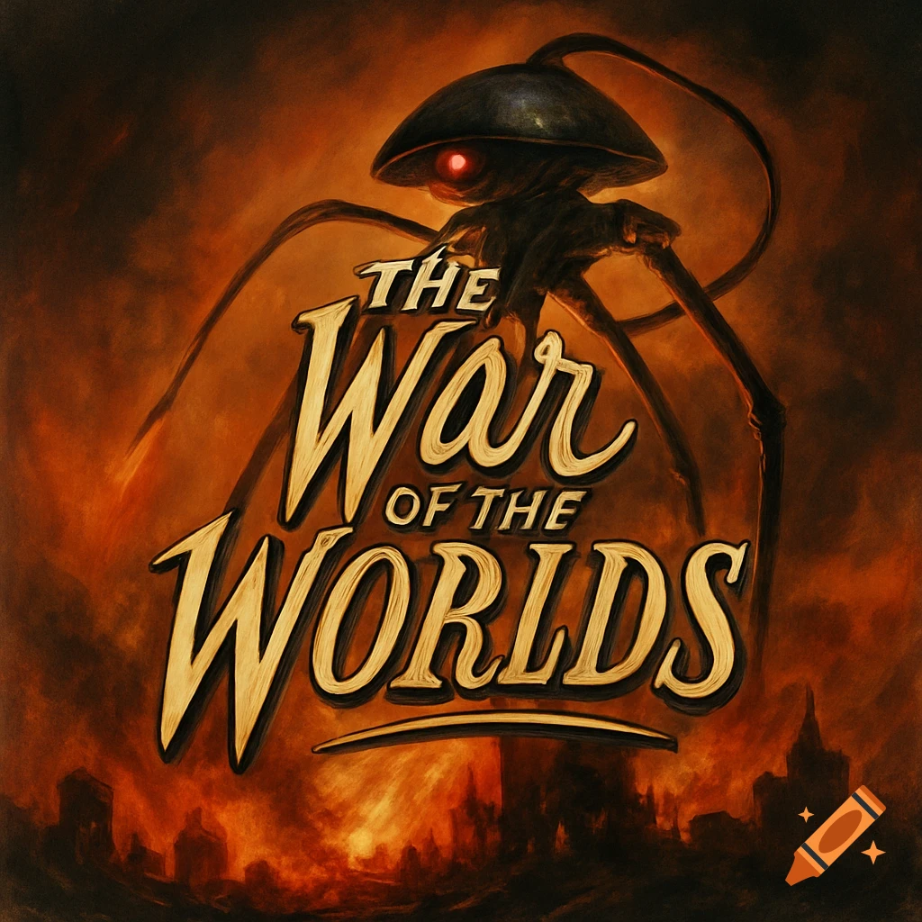 A stylized vintage poster for "The War of the Worlds" featuring a dark, three-legged alien war machine with a glowing red eye above a burning, ruined city.