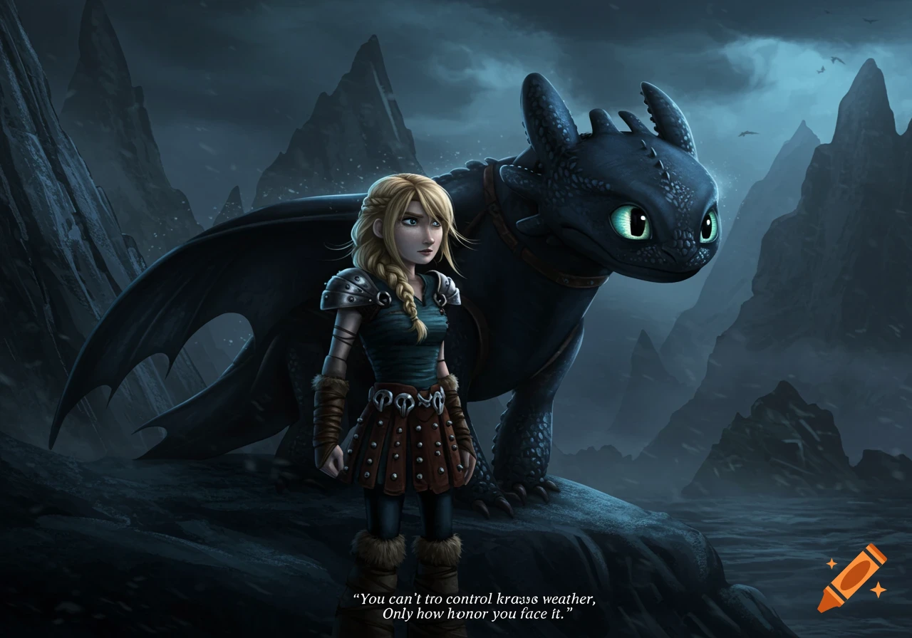 Astrid and Toothless on a rocky outcrop in a dramatic, stormy mountainous landscape, in an animated style.
