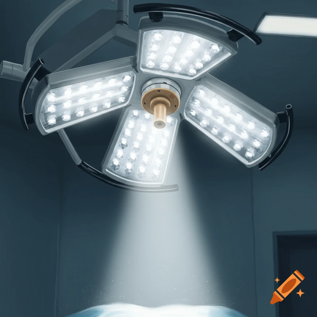 A bright surgical light illuminates a dark operating room, shining down on a surface below.