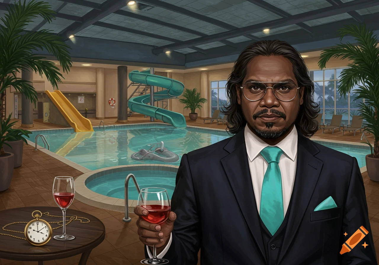 An Aboriginal man in a suit with a teal tie holds wine in a luxury indoor hotel pool room with slides and plants.