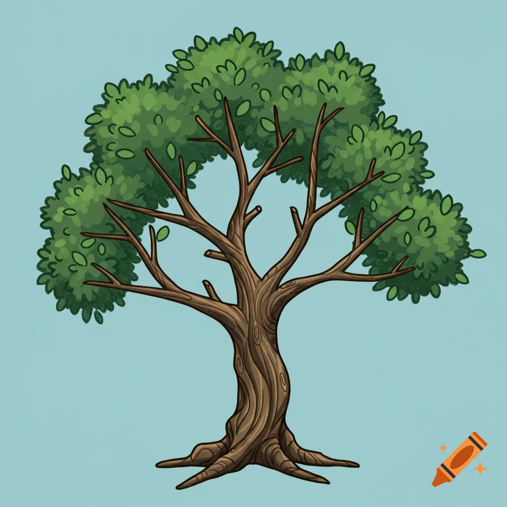 A cartoon illustration of a green leafy tree with a brown trunk and branches against a light blue background.