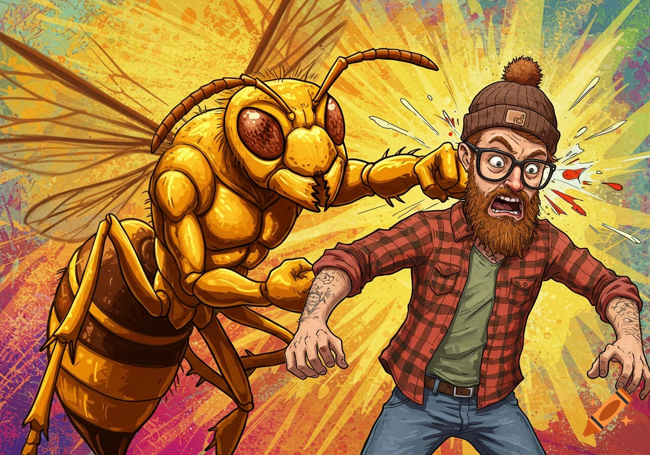 Cartoon hornet punches a hipster man in the face, comic book style.