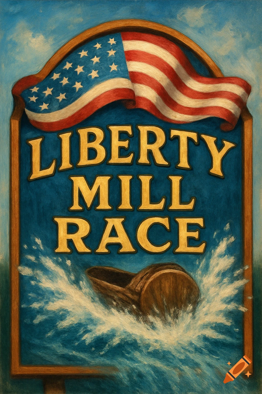 A vintage-style sign with an American flag banner over the words "Liberty Mill Race" with a log flume splashing water at the bottom.