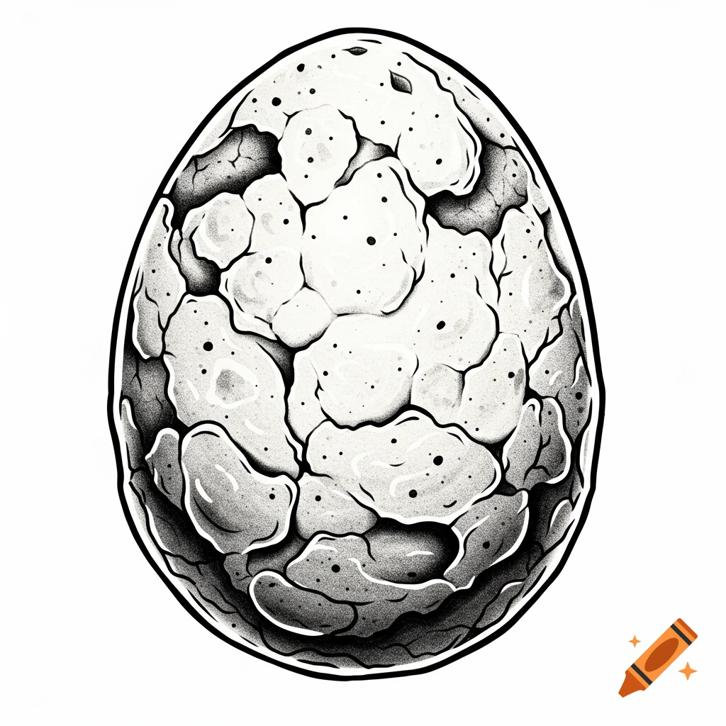 A black and white stylized illustration of a dinosaur egg with a textured, cracked surface, in a tattoo outline style.
