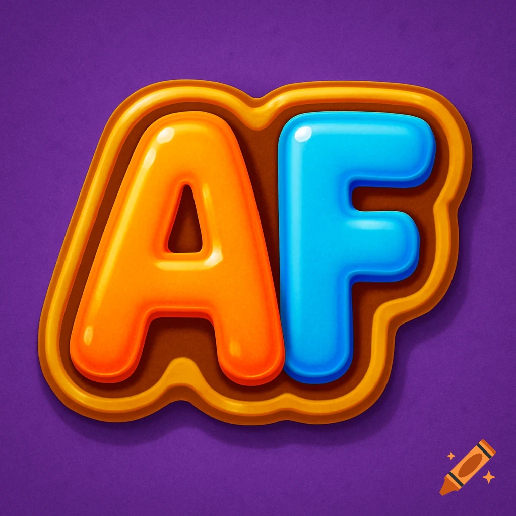 A candy-style logo with the letters AF in glossy orange and blue, outlined in brown, on a textured purple background.