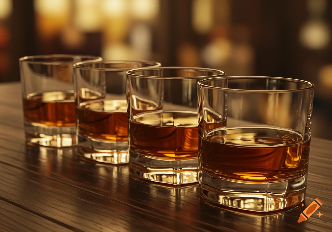 Four glasses of amber liquid, possibly whiskey or bourbon, lined up on a wooden bar.