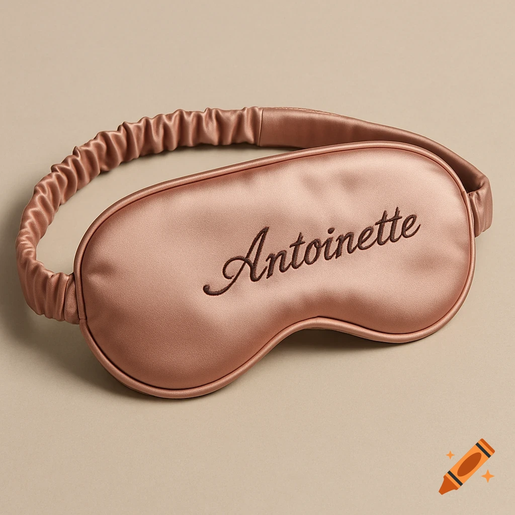 Rose gold satin eye mask with 'Antoinette' embroidered on it.