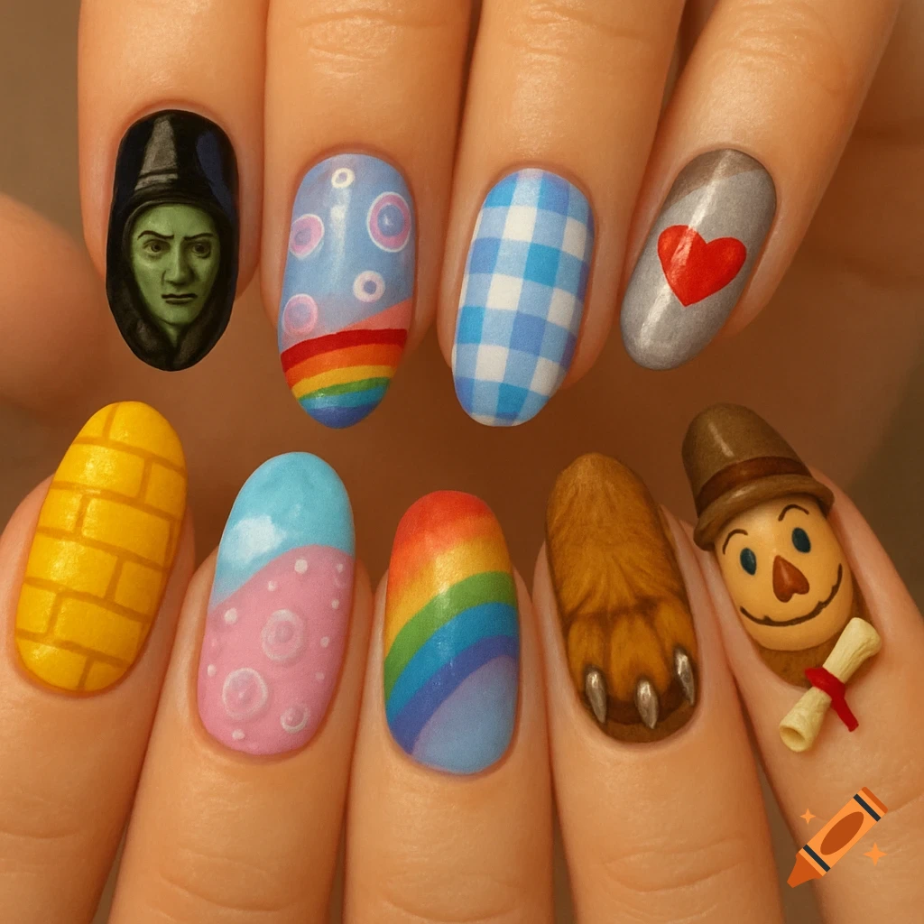 Close-up view of painted fingernails, each depicting a different character or element from the Wizard of Oz, including the Wicked Witch, a rainbow, blue gingham, a silver nail with a red heart, a yellow brick road, pink with bubbles, a lion's paw, and a scarecrow with a diploma.