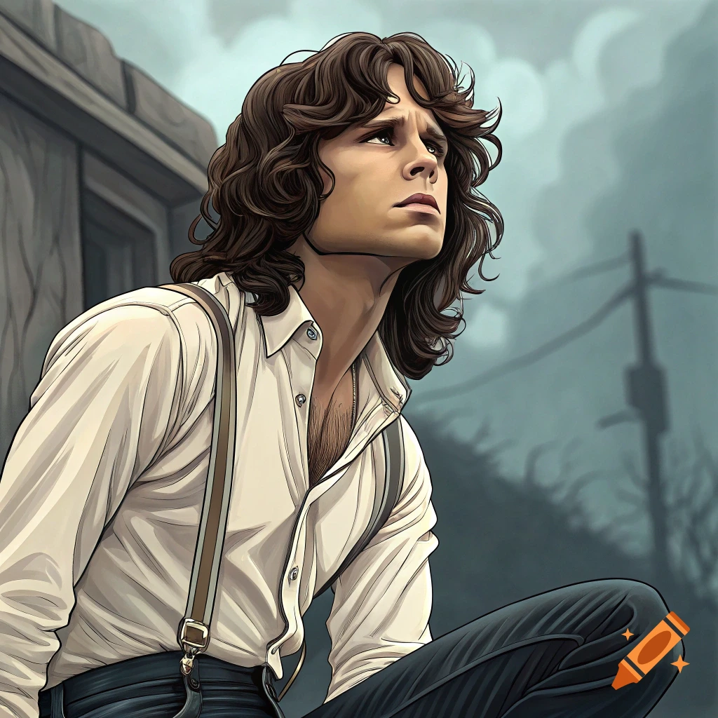 Stylized cartoon portrait of a man resembling Jim Morrison, with long curly brown hair, wearing a white shirt and suspenders, looking thoughtfully upwards.