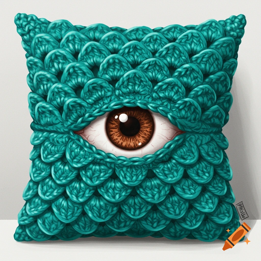 A teal crochet pillow featuring a scaly pattern and a realistic human eye in the center, set against a plain background.