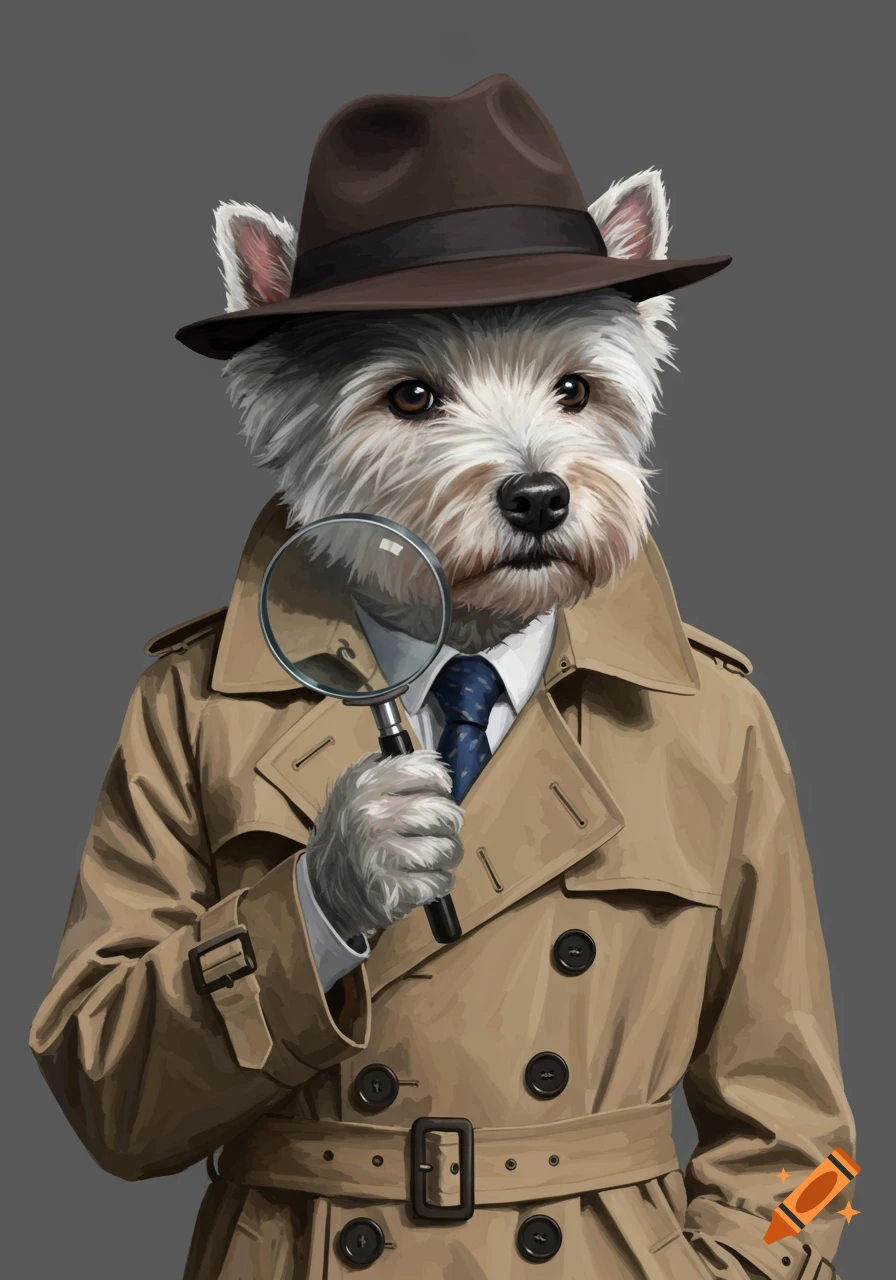 A white Westie dog in a brown fedora and trench coat holds a magnifying glass, looking serious on a grey background.