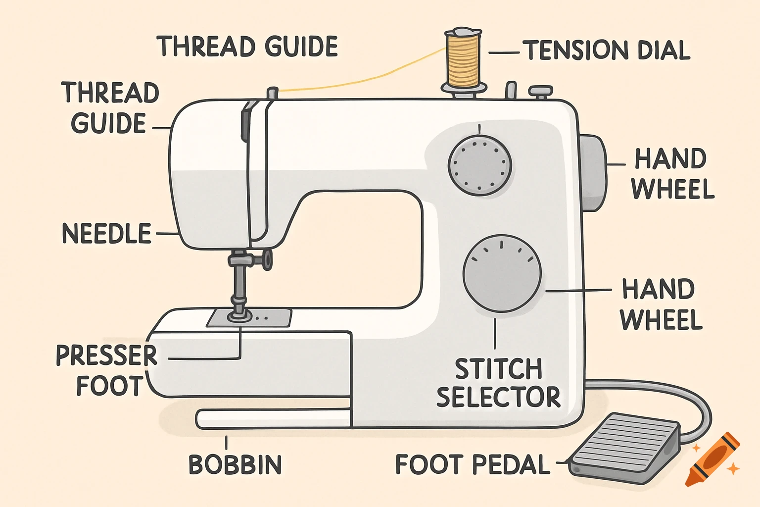 An illustrated diagram of a sewing machine with all main parts clearly labeled in English, set against a soft pastel background.