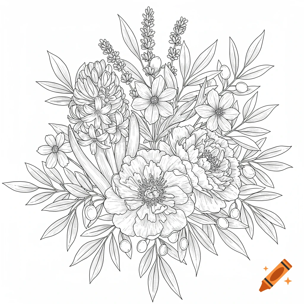Black and white line drawing of a flower bouquet with hyacinths, lavender, peonies, and olive branches, coloring book style.