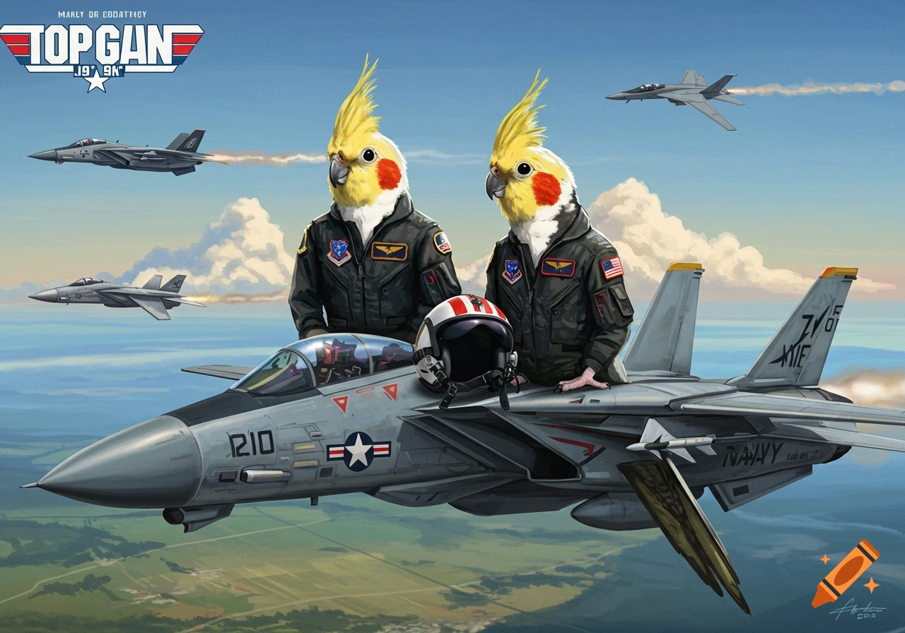 Digital illustration of two cockatiels dressed as fighter pilots on top of a F-14 Tomcat jet, flying over a landscape with other jets.