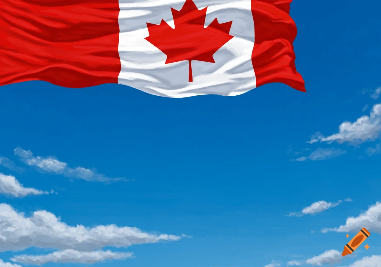 A waving Canadian flag dominates the upper frame against a vibrant blue sky with scattered white clouds.