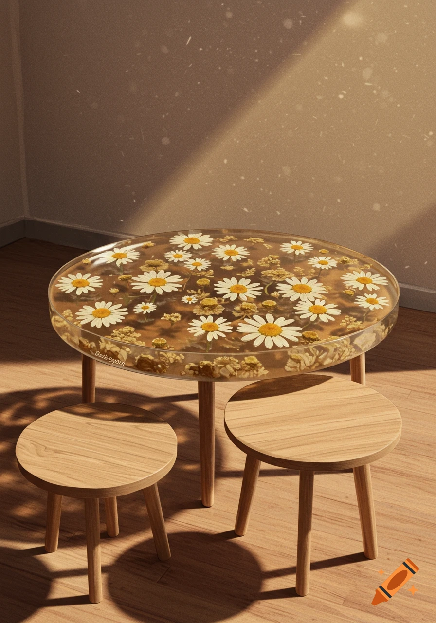 A round clear resin coffee table with embedded white daisies and dried flowers, set with two wooden stools in a warm, sunlit room.