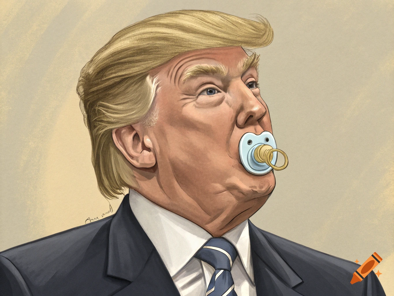 Caricature illustration of Donald Trump with a blue pacifier in his mouth.