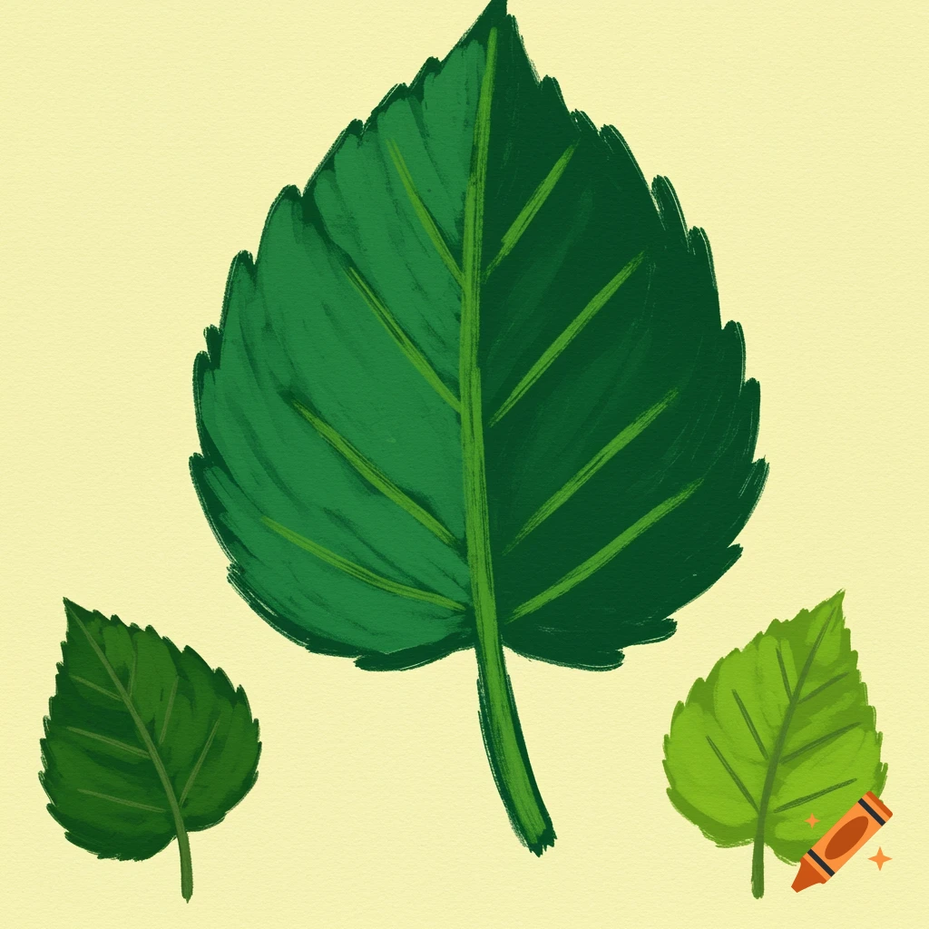 Three painted green leaves of various sizes and shades on a light yellow background.
