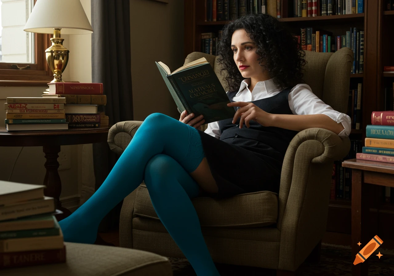 A photorealistic image of a woman with curly hair and blue stockings sitting in an armchair, reading a book in a library setting.