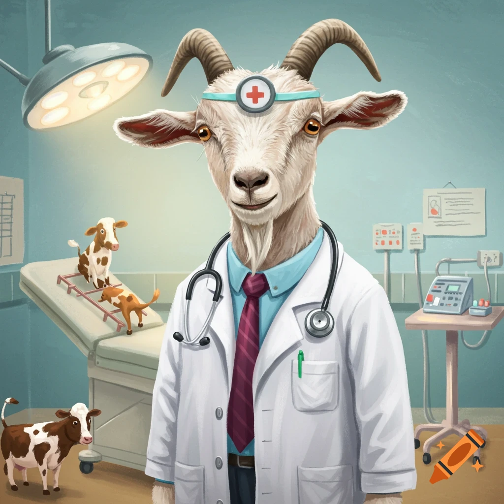 An anthropomorphic goat doctor in a lab coat and stethoscope stands in an examination room with small calves.