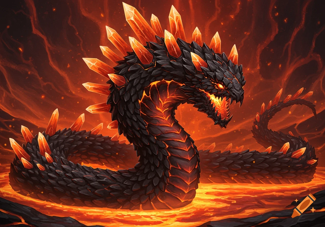 A dark, scaly dragon-like monster with glowing orange crystal spikes and orange eyes emerges from a pool of molten lava.