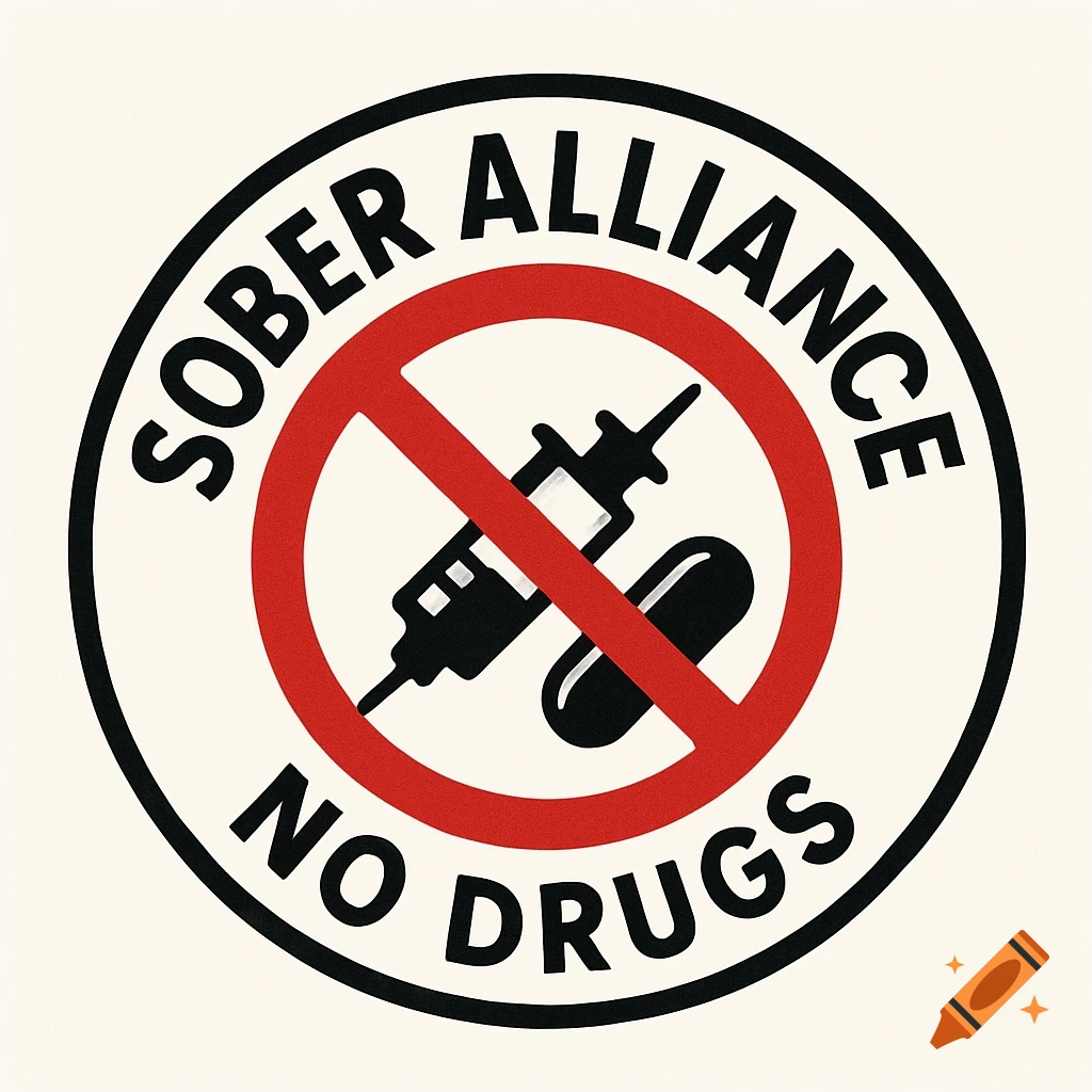 A black and white circular logo with red accents, featuring a no symbol over a syringe and a pill, with text 'Sober Alliance No Drugs'.