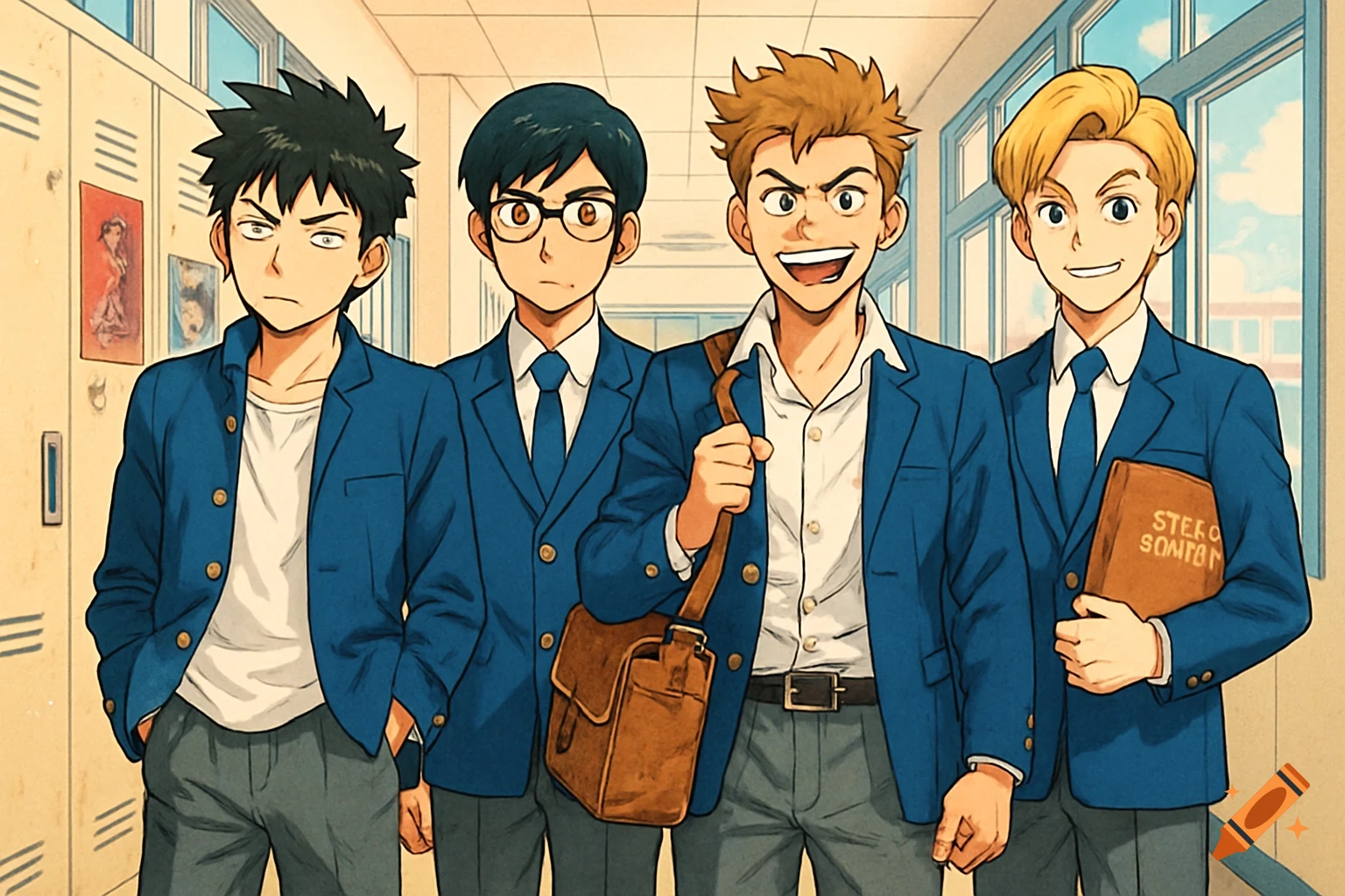 Four teenage anime boys in blue school uniforms stand in a school hallway.