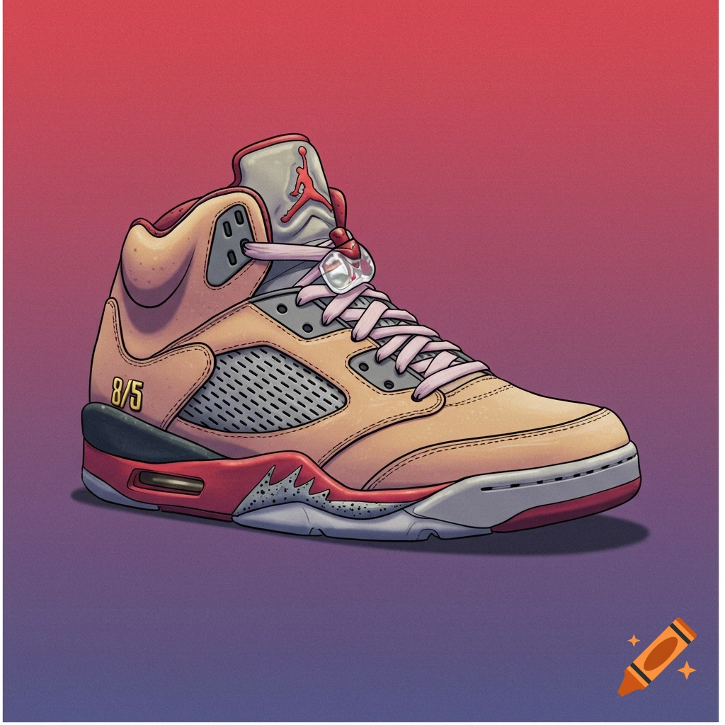 An illustration of a light orange and red Jordan 5 sneaker with pink laces against a gradient red and purple background.
