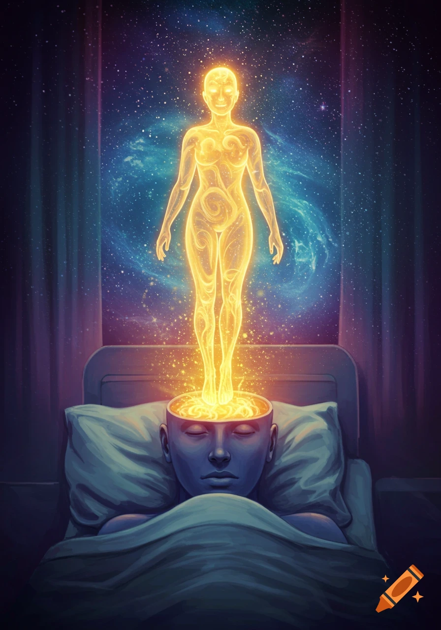 A glowing, ethereal figure ascends from the open head of a sleeping person in a bed, against a cosmic background.