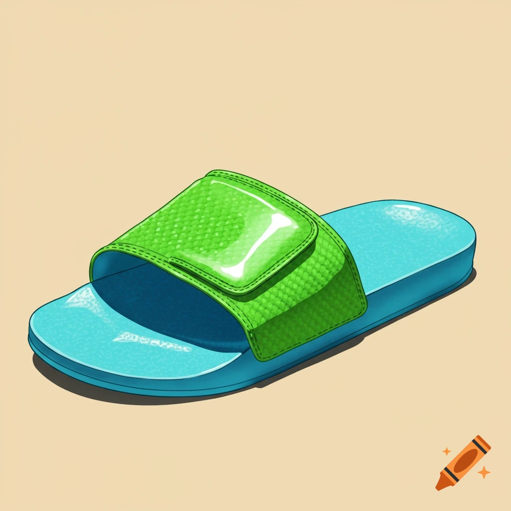 A bright green and blue pool slide sandal on a light brown surface.