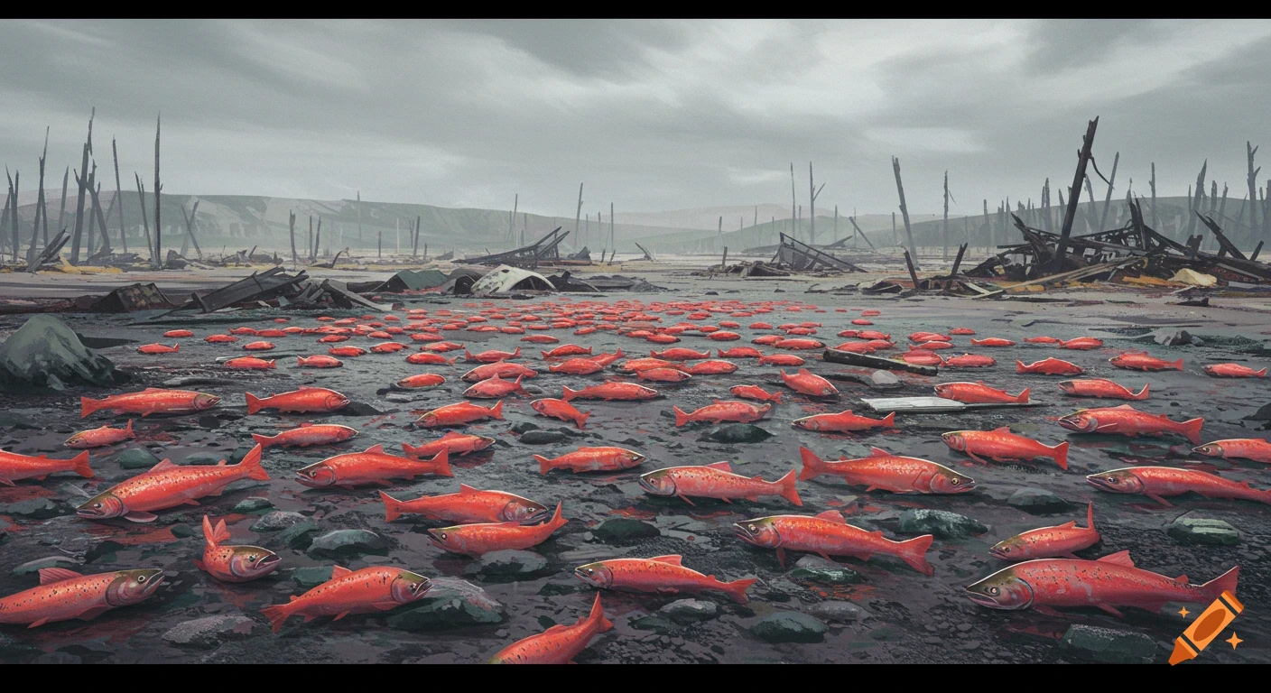 A nuclear wasteland landscape with hundreds of bright red salmon lying dead on the dark, muddy ground under a gloomy sky.