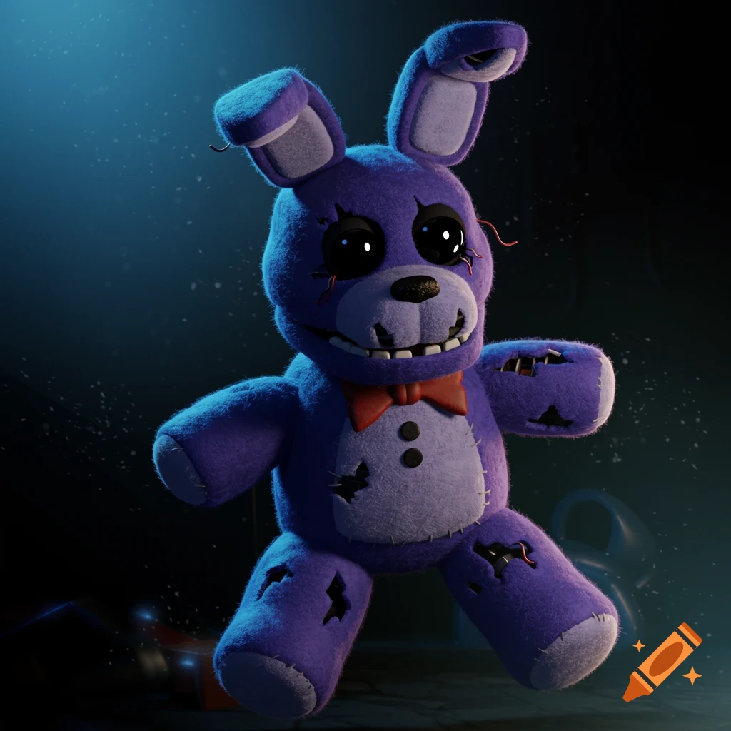 A purple plush toy of Withered Bonnie from Five Nights at Freddy's, with black eyes, a red bow tie, and torn fabric, set against a dark, mysterious background.