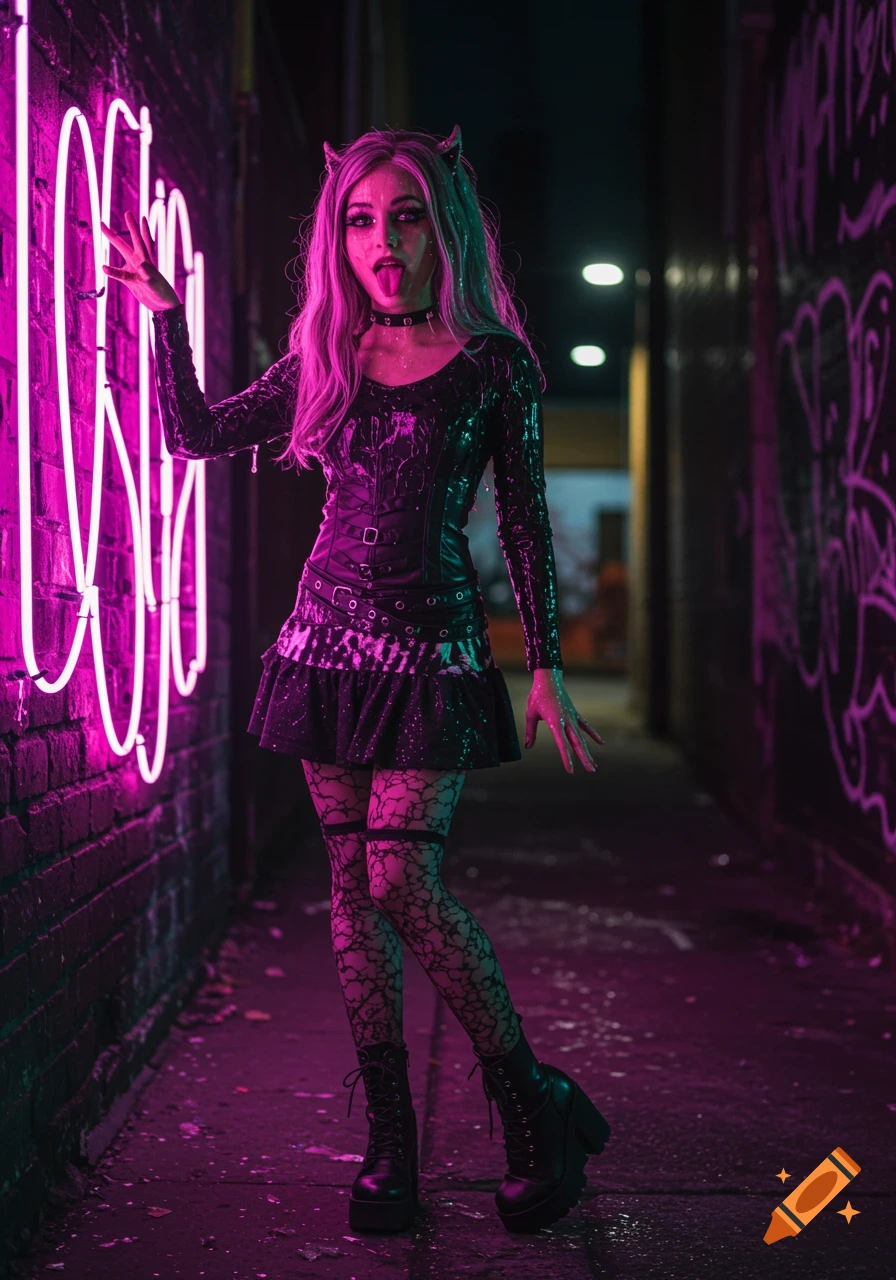 A woman in a goth outfit with horns and pink hair poses in a dark alley, illuminated by pink neon lights and graffiti.