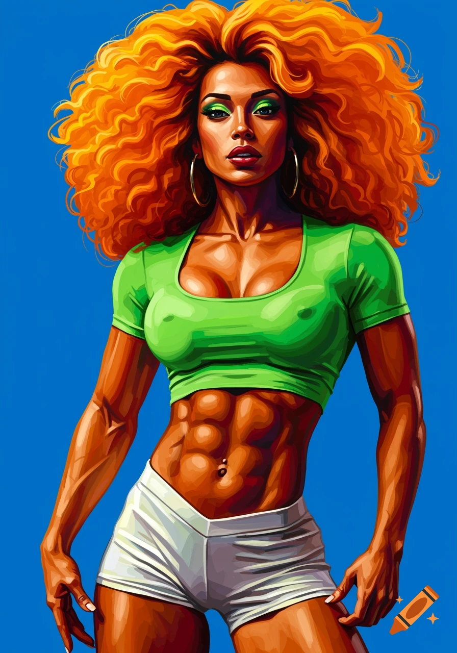 Illustrative portrait of a fit woman with voluminous orange curly hair, green crop top, and white shorts, against a blue background.