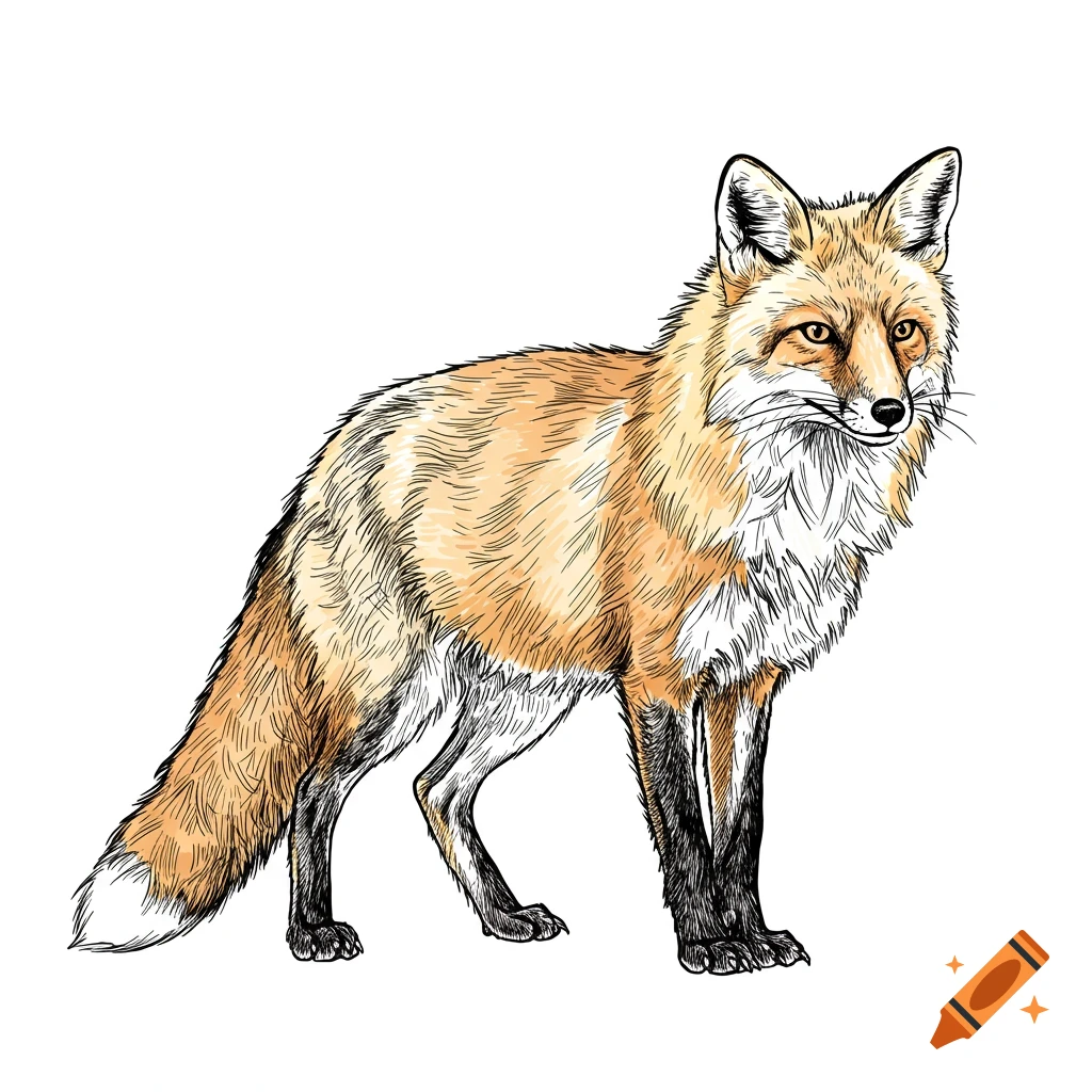 A colored line drawing of a fox standing and looking forward on a white background.