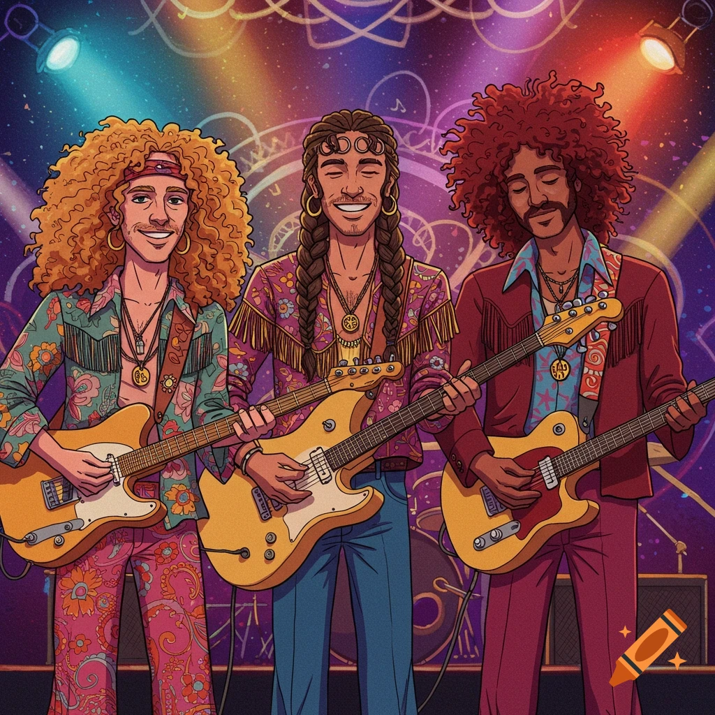 Three male guitarists with curly hair and bohemian outfits play on a colorful, psychedelic stage in a cartoon illustration.