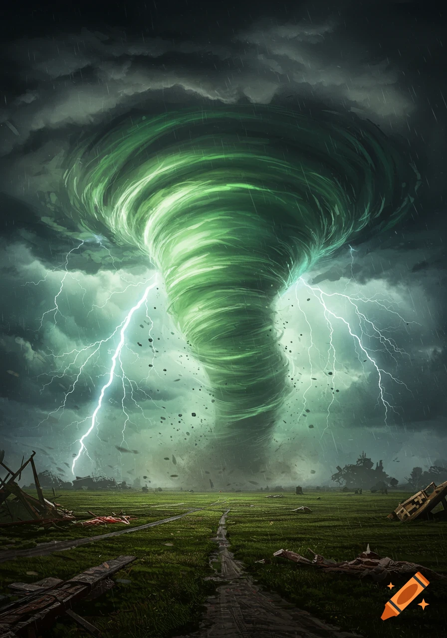 A vibrant green tornado rips through a desolate field under a stormy sky, surrounded by lightning and debris.