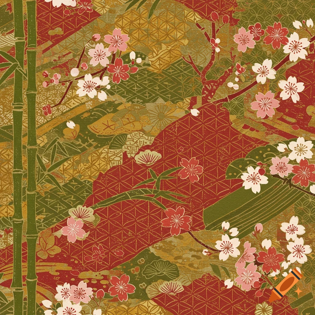 A repeating pattern featuring bamboo stalks and pink and white cherry blossoms over a background of red, green, and gold traditional Japanese motifs.